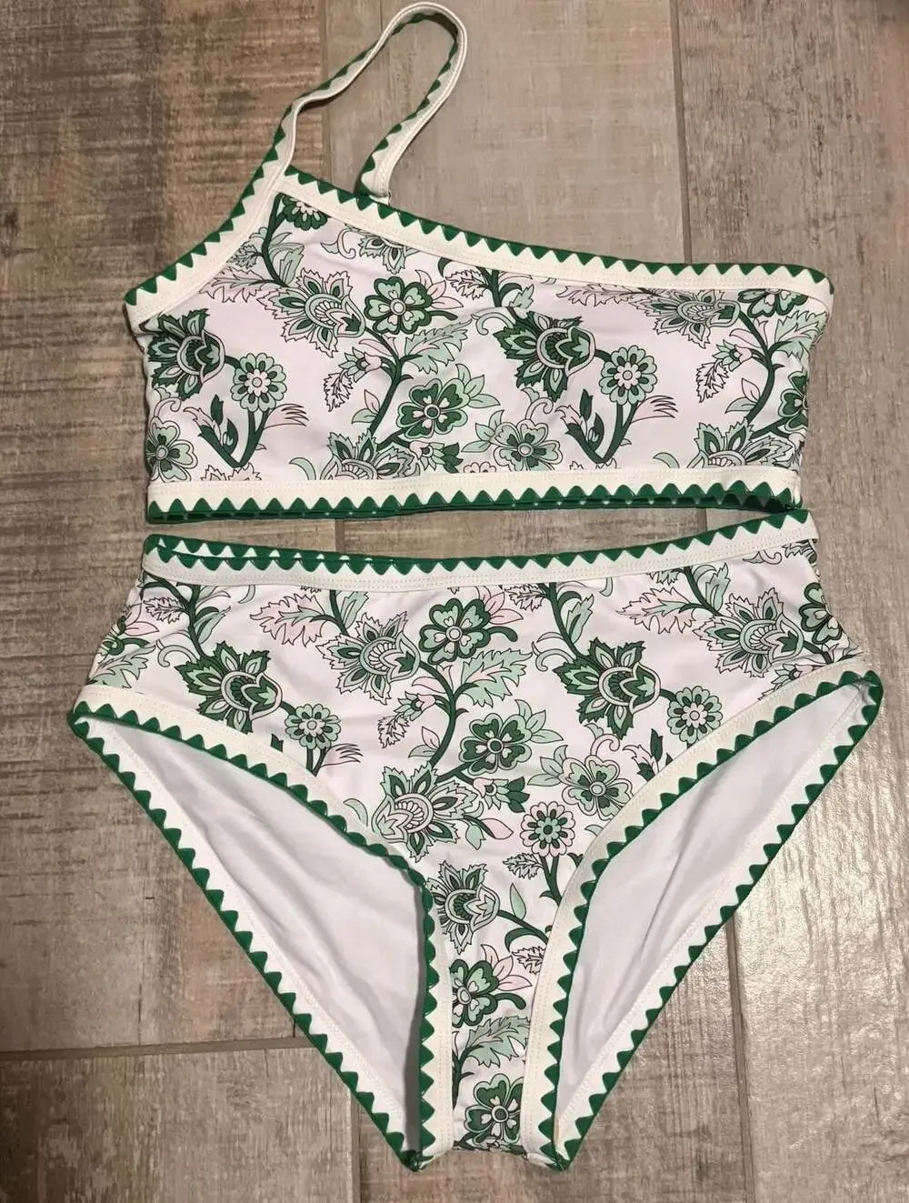 Retro Stage Green Floral One Shoulder High Waist Bikini Set